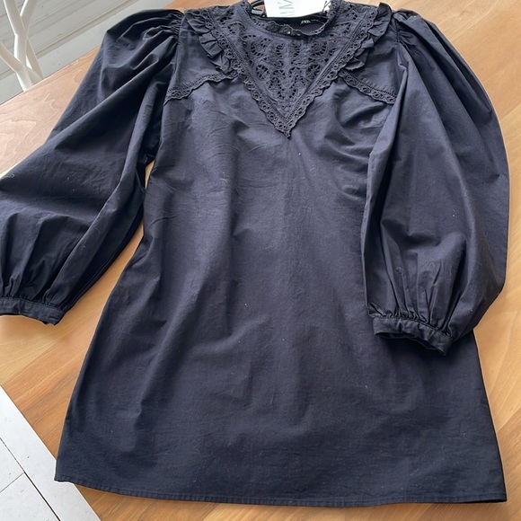 ZARA BWT BLACK COTTON PUFF SLEEVE DRESS - Picture 1 of 6